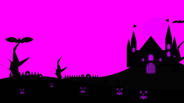 Halloween haunted castle silhouette with spooky bats and glowing pumpkin faces
