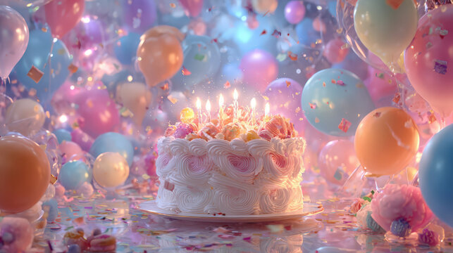 A celebratory birthday cake, adorned with lit candles and delicate frosting, is surrounded by a vibrant explosion of colorful balloons and falling confetti, creating a magical and festive atmosphere.