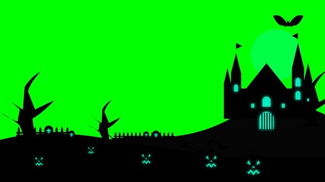 Halloween haunted castle silhouette with flying bats and glowing jack o lanterns