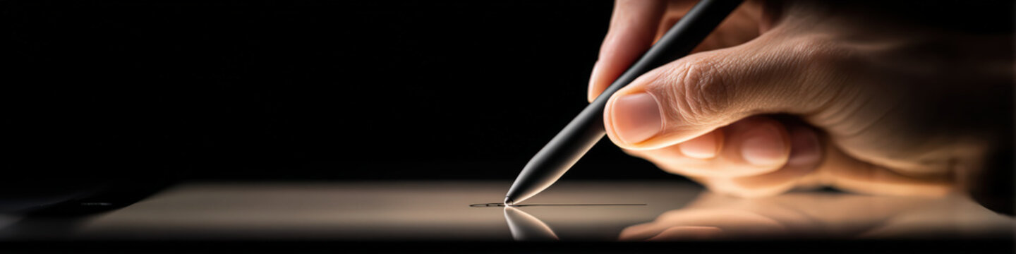 A close-up shot captures a hand holding a stylus, poised to interact with a digital tablet, showcasing the modern intersection of technology and creativity.