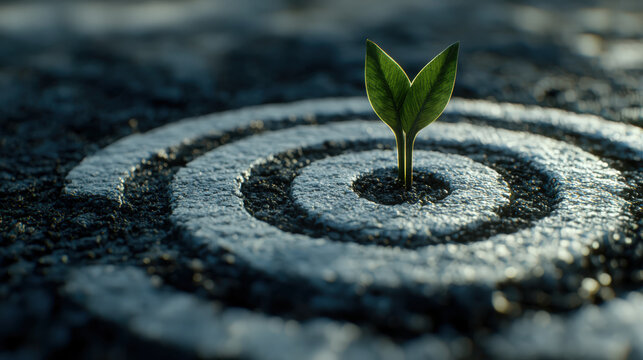 A small sprout pushes through a target, symbolizing growth, potential, and achieving goals against all odds.