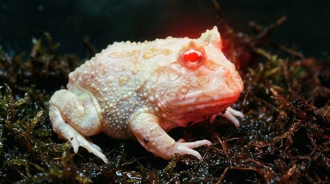 Albino Pacman Frog with Red Eyes on Mossy Ground.