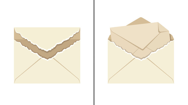 Minimalist flat vector illustration of closed and open torn envelopes