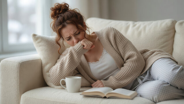 Caucasian adult woman coughing into elbow while lying on sofa, home recovery and flu season self care