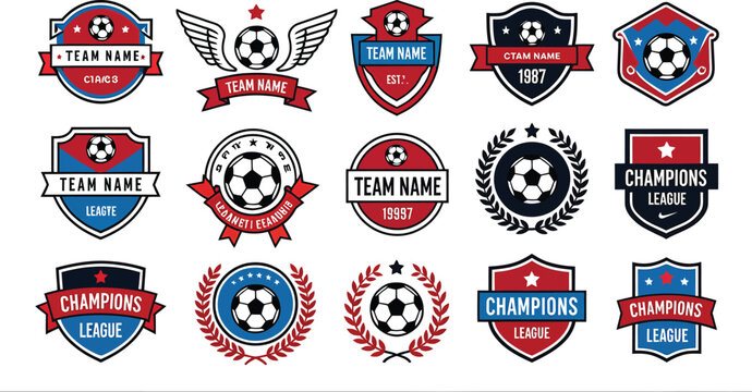 Soccer Team Emblems Collection Vector Illustration With Stars And Ribbons