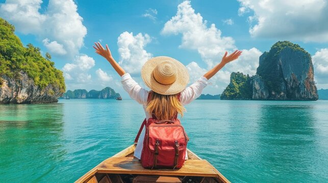 Woman with straw hat and red backpack sitting at the bow of a wooden boat with arms raised facing turquoise sea and limestone islands under a blue sky, joyful and free