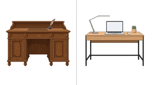 Vintage antique wooden desk and modern workspace evolution comparison