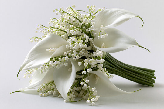 Esth&eacute;tique tendance 2026 : magnifique bouquet de mari&eacute;e minimaliste compos&eacute; d'arums blancs et de muguet, isol&eacute; sur fond blanc. IA g&eacute;n&eacute;rative