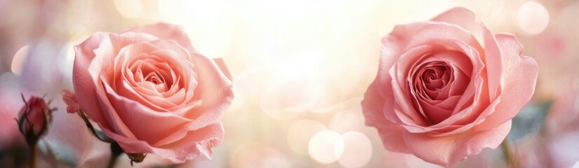Fototapeta premium Two soft pink roses with buds against a dreamy sunlit bokeh background, delicate petals and romantic warm glow evoking serenity and tenderness