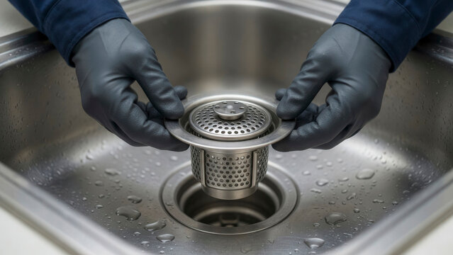 Gloved hands removing sink drain strainer from stainless steel kitchen sink, home hygiene and plumbing maintenance