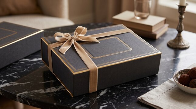 Gift box mockup on a black marble table with gold ribbon and bowl of dates