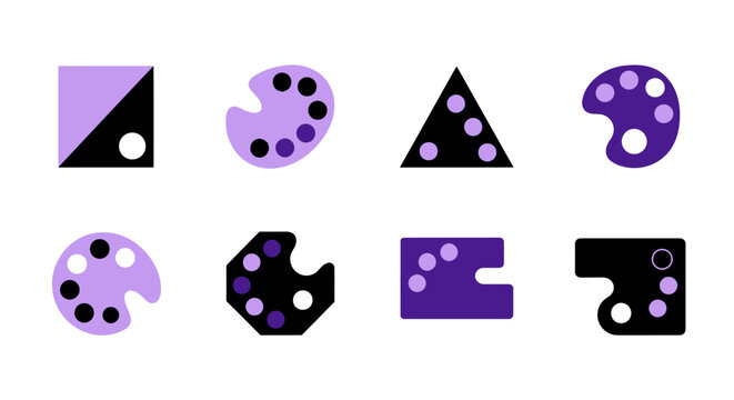 A collection of abstract geometric shapes and artistic palettes in purple tones