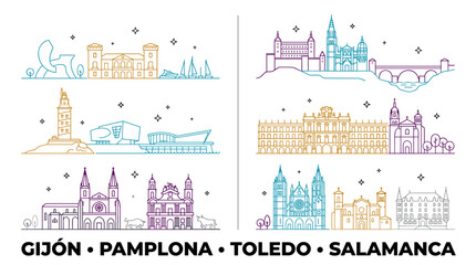 Fototapeta premium Minimal Gradient Line Art Vector Skyline Set of Spanish Cities with Famous Landmark Silhouettes