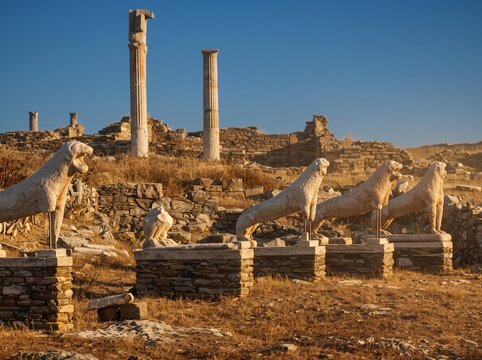 Terrace of the Lions, Ancient Ruins of Delos Island, Greece &ndash; UNESCO Archaeological Site
