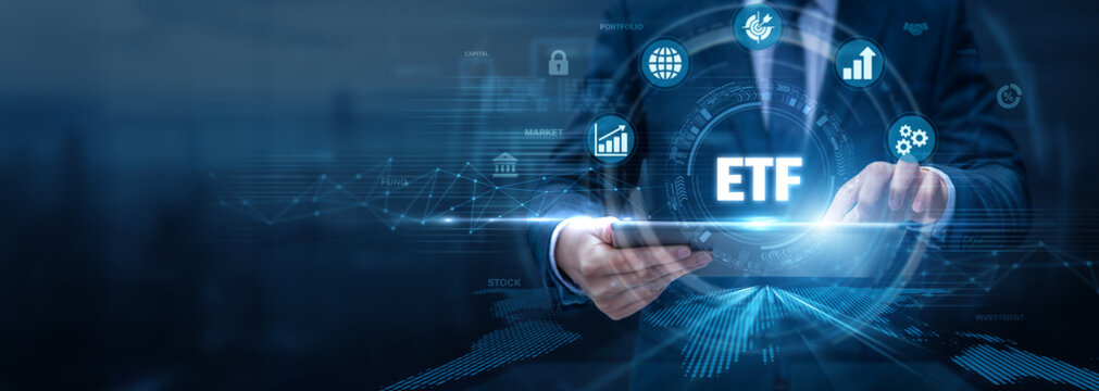 Financial Analyst Analysing ETF Using Tablet and Networking Data, investment tracking, portfolio management, market analysis, diversified financial instruments