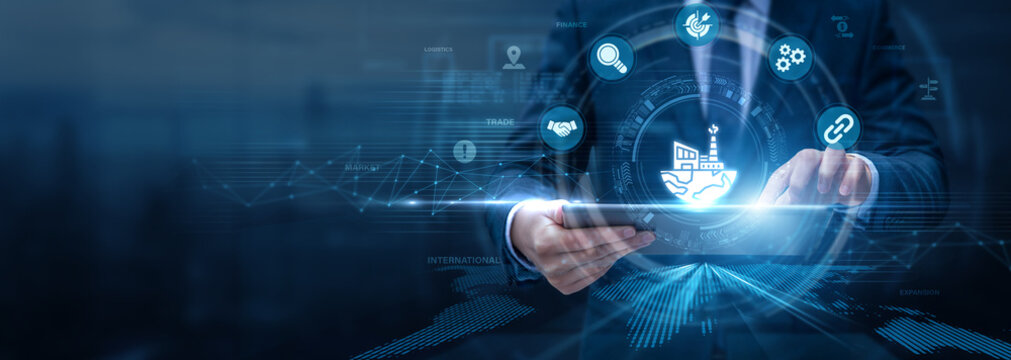 International Business Manager Analysing Global Business Using Tablet and Networking Data, cross-border trade, market expansion, global strategy, economic networking