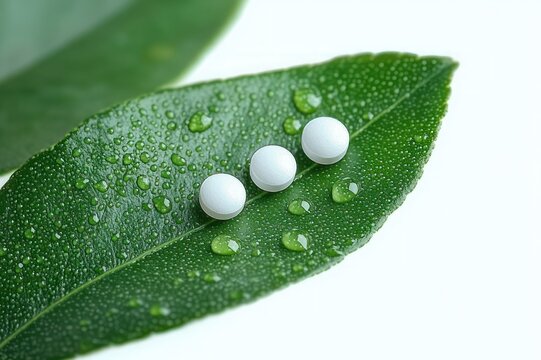 Three white tablets resting on a dew-covered green leaf, evoking fresh natural healing and calm