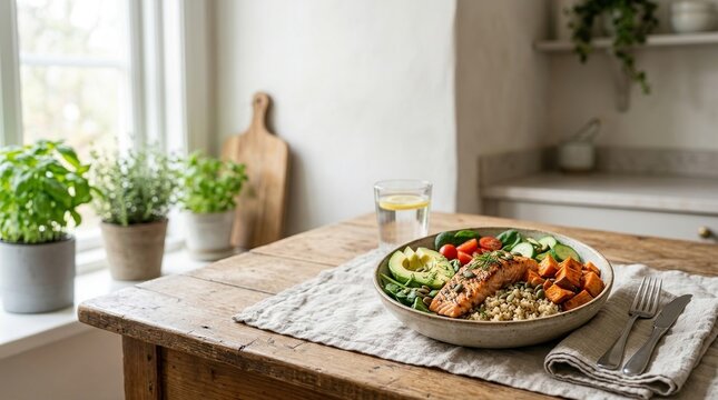 Balanced eating, mindful portions, healthy meal concept with plated lunch in bright kitchen.