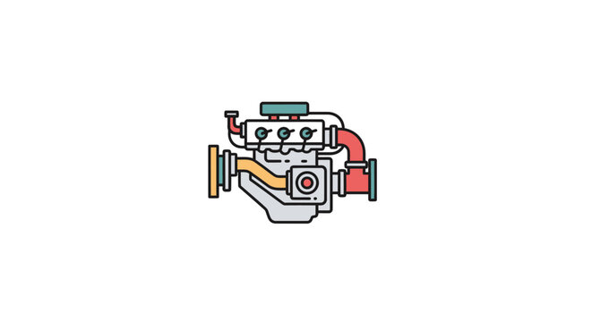 Simplified illustration of a combustion engine with colorful accents against a white background
