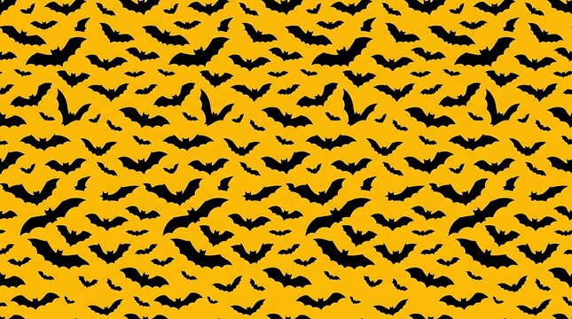 Halloween seamless pattern with black bats on orange background