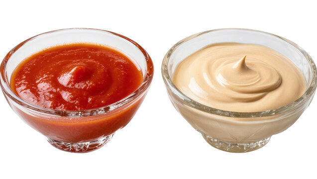 Isolated glass bowls with savory red tomato ketchup and creamy light beige mayonnaise sauce