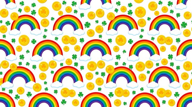 Festive seamless pattern with rainbows gold coins and clovers