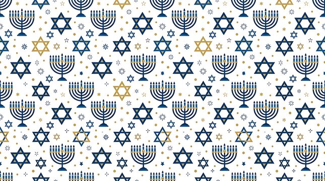 Hanukkah seamless pattern with blue and gold menorah and stars
