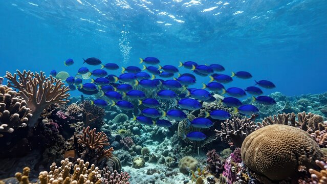 School of Blue Tang Fish Swimming in Tropical Coral Reef Ocean Environment with Sun Rays and Bubbles Underwater Marine Life Biodiversity Nature Background