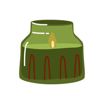 Green Ceramic Candle Holder with Burning Candle, Cozy Scandinavian Home Decor Illustration for Autumn Interior and Hygge Lifestyle in glass jar