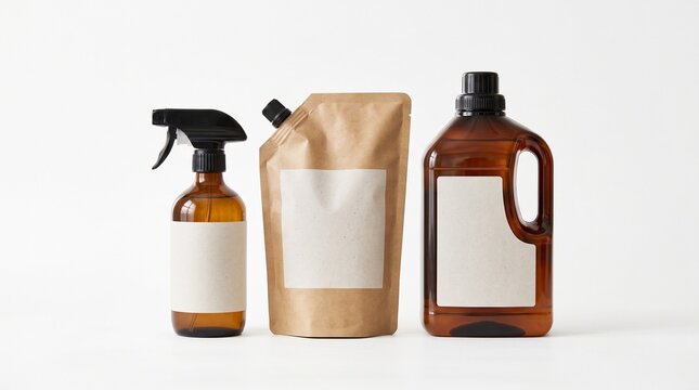 A mockup of cleaning products including a spray bottle, a pouch, and a jug on a white surface for branding purposes.