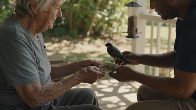 Senior Woman and Young Man Feeding Small Bird Together on Porch in Sunny Garden, Elderly Care and Intergenerational Connection, Close-up of Bird Eating Seeds in Outdoor Setting
