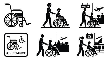Fototapeta premium Wheelchair And Assistance Signage Black Silhouette Icons On White Background