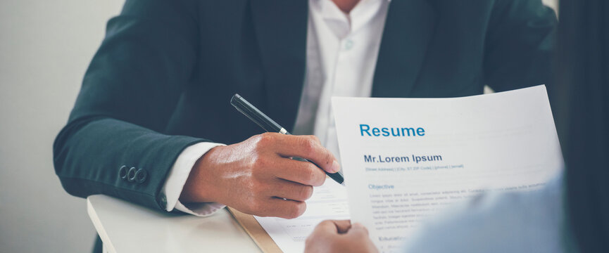 Banner Job Interview with headhunter agent and applicant. BannerJob HR applicants having an interview with Human resource manager jobs interviewing candidate business office cv resume with copy space