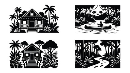 Tropical scenes with thatched roof houses and vegetation black silhouette style © Tamim