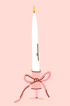 Single Burning Taper Candle with Decorative Pink Ribbon, Minimal Cozy Home Decor Illustration for Holiday Table Setting and Romantic Interior