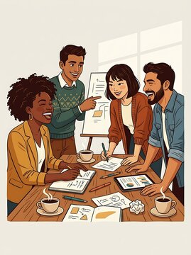 Diverse creative team brainstorming and laughing in a bright office