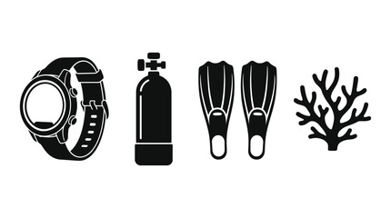 Diving Equipment Silhouette Collection On White Background © Tamim