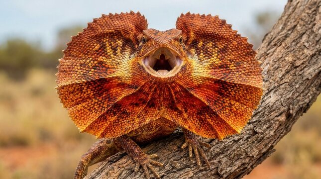 Close up of a frilled lizard displaying its colorful neck frill.