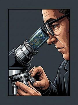 Scientist studying microscopic cell organelles through a microscope