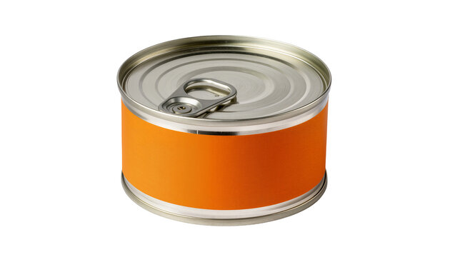 Isolated generic metal food can with blank orange label and easy-open lid for packaging design