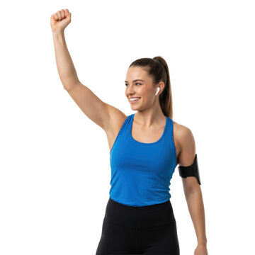 Athletic caucasian woman in a blue tank top and leggings celebrating with a fist pump and joyful smile in a bright white studio fitness achievement atmosphere