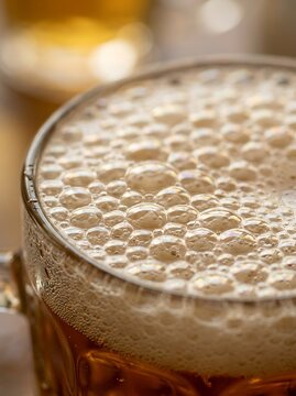 Close up view of frothy beer bubbles in a glass mug