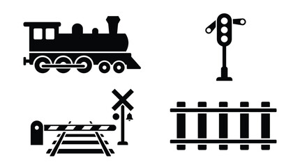 Railway elements steam locomotive signal crossing and tracks in black silhouette © Tamim