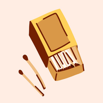 Vintage Matchbox with Wooden Matches, Minimal Hand Drawn Illustration for Candle Lighting, Fireplace, Camping and Cozy Home Lifestyle