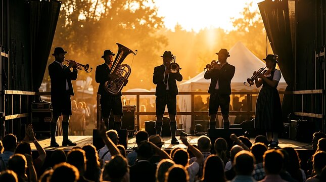 Brass band performing on an outdoor stage at sunset