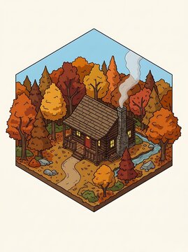 Cozy log cabin nestled in an autumn forest within a hexagon frame