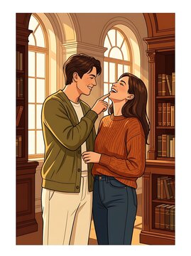 Happy young couple sharing a playful moment in a sunlit library