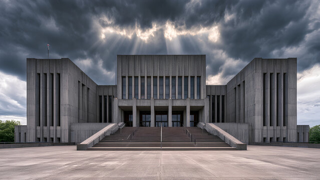 Brutalist Concrete Courthouse Architecture with Imposing Facade under Stormy Sky