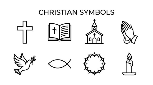 Christian Symbols Icon Set with Cross, Bible, Church, Prayer and Faith Essentials, Minimal Black Outline Vector Collection