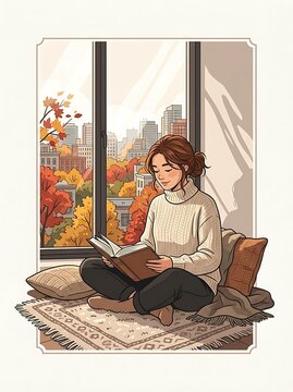Peaceful woman reading a book by a window during autumn
